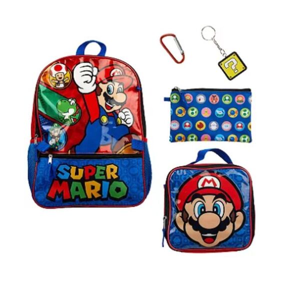 Super Mario 5 pc Backpack Set | Kids School Bag | Lunch Box | - Picture 1 of 6